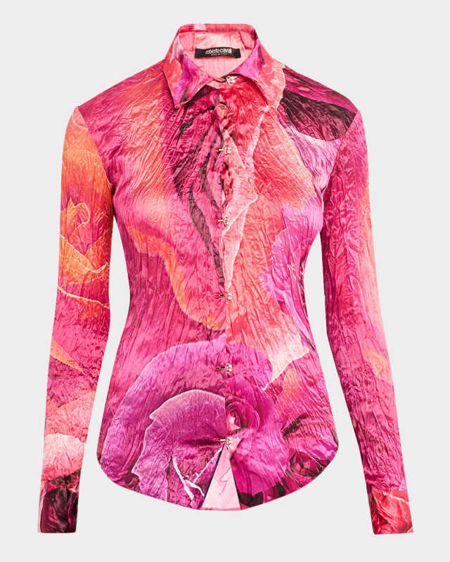 Rose-Print Crinkle Silk Collared Shirt